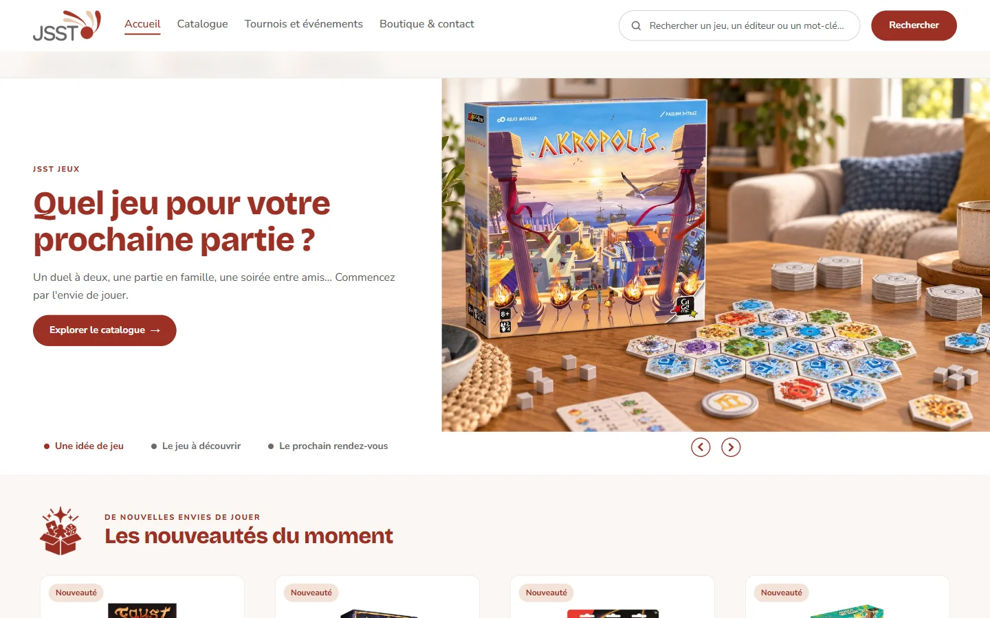 Boutique de jeux de société, page d’accueil, vue ordinateur