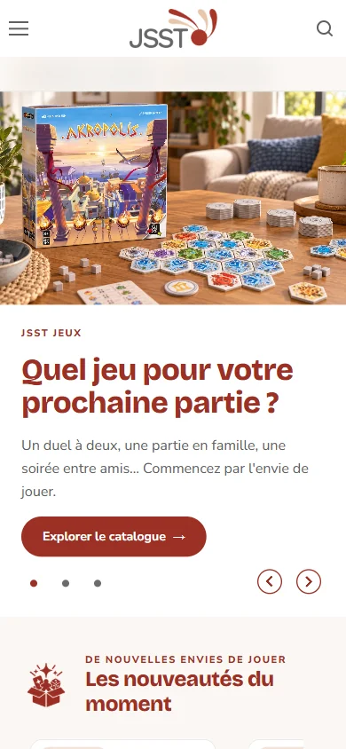 Boutique de jeux de société, page d’accueil, vue téléphone