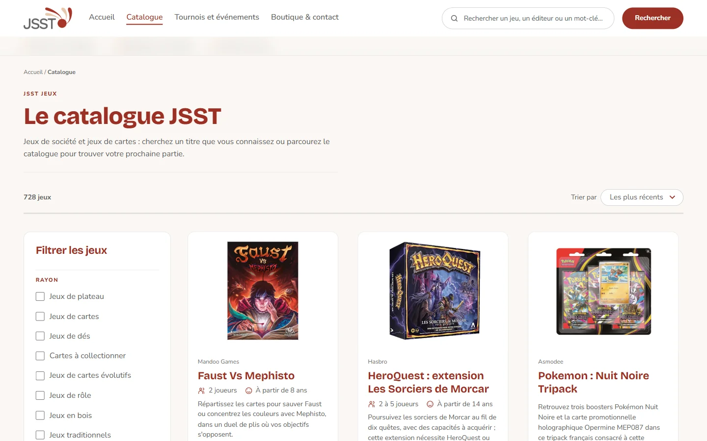 Boutique de jeux de société, une page du catalogue, vue ordinateur